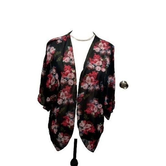 Womens Kimono Size Med Open Cardigan Sheer Cover Up Black Red Floral Mid Length - Picture 1 of 4